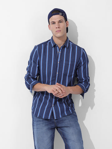 Men's Blue Slim Fit Striped Striped Shirt