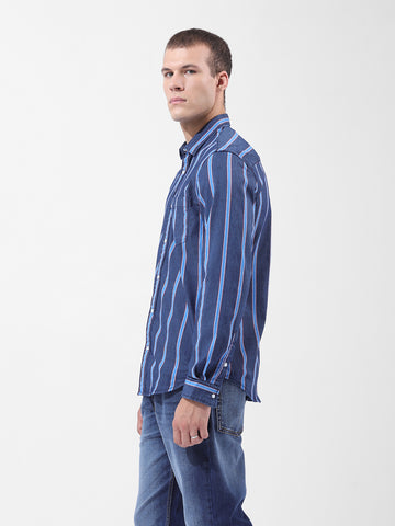 Men's Blue Slim Fit Striped Striped Shirt
