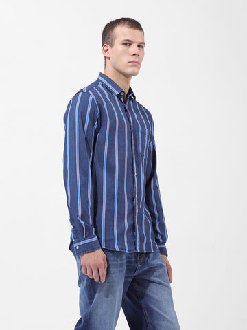 Men's Blue Slim Fit Striped Striped Shirt