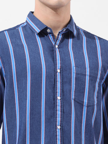 Men's Blue Slim Fit Striped Striped Shirt