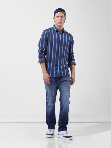 Men's Blue Slim Fit Striped Striped Shirt