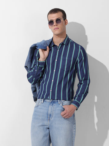 Men's Blue Slim Fit Striped Striped Shirt