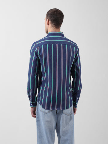Men's Blue Slim Fit Striped Striped Shirt