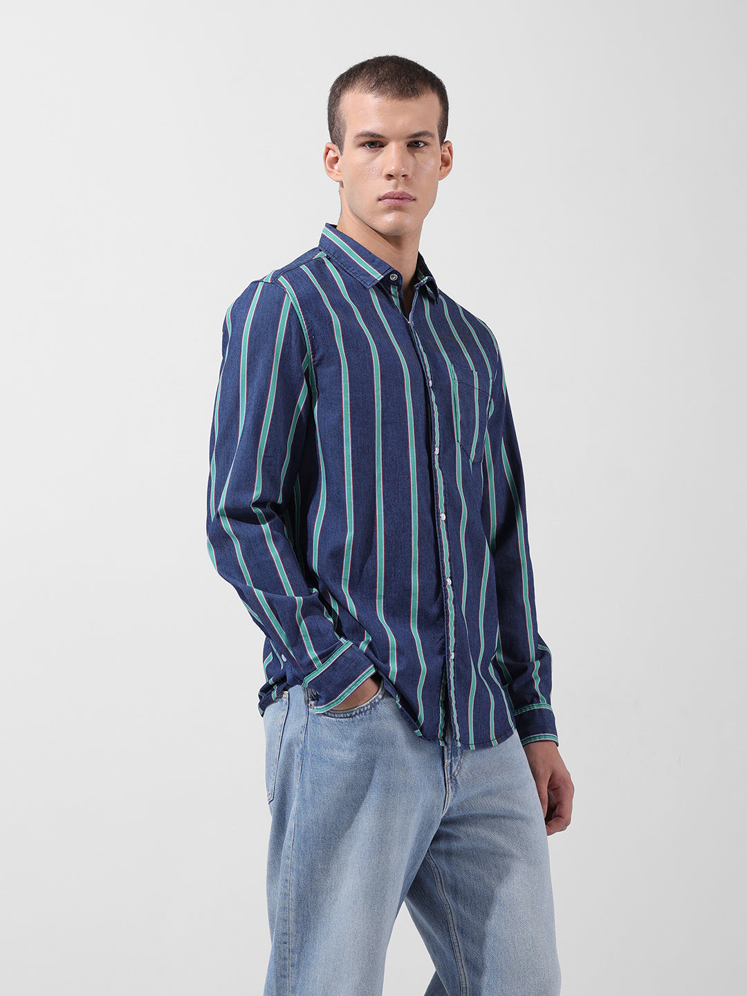 Men's Blue Slim Fit Striped Striped Shirt