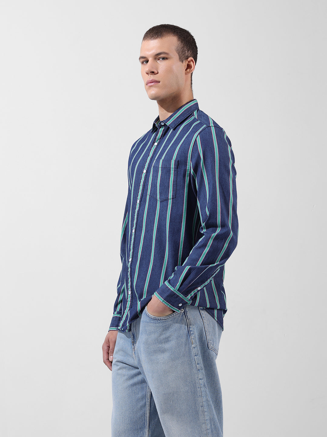 Men's Blue Slim Fit Striped Striped Shirt
