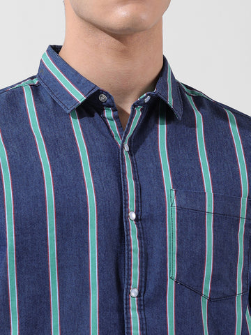 Men's Blue Slim Fit Striped Striped Shirt