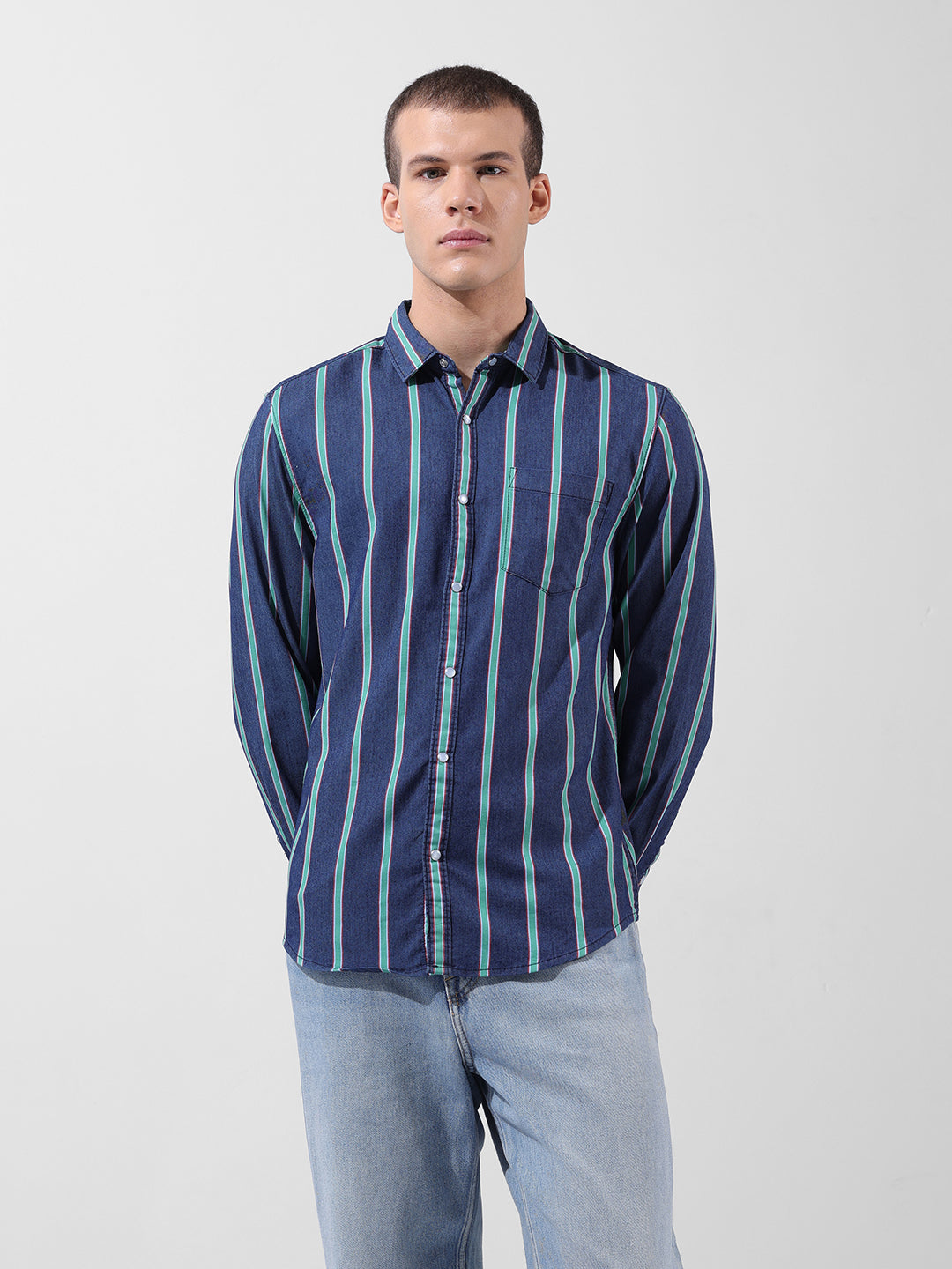 Men's Blue Slim Fit Striped Striped Shirt