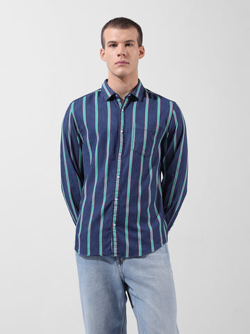 Men's Blue Slim Fit Striped Striped Shirt