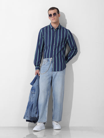 Men's Blue Slim Fit Striped Striped Shirt