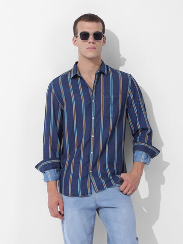 Men's Blue Slim Fit Striped Striped Shirt