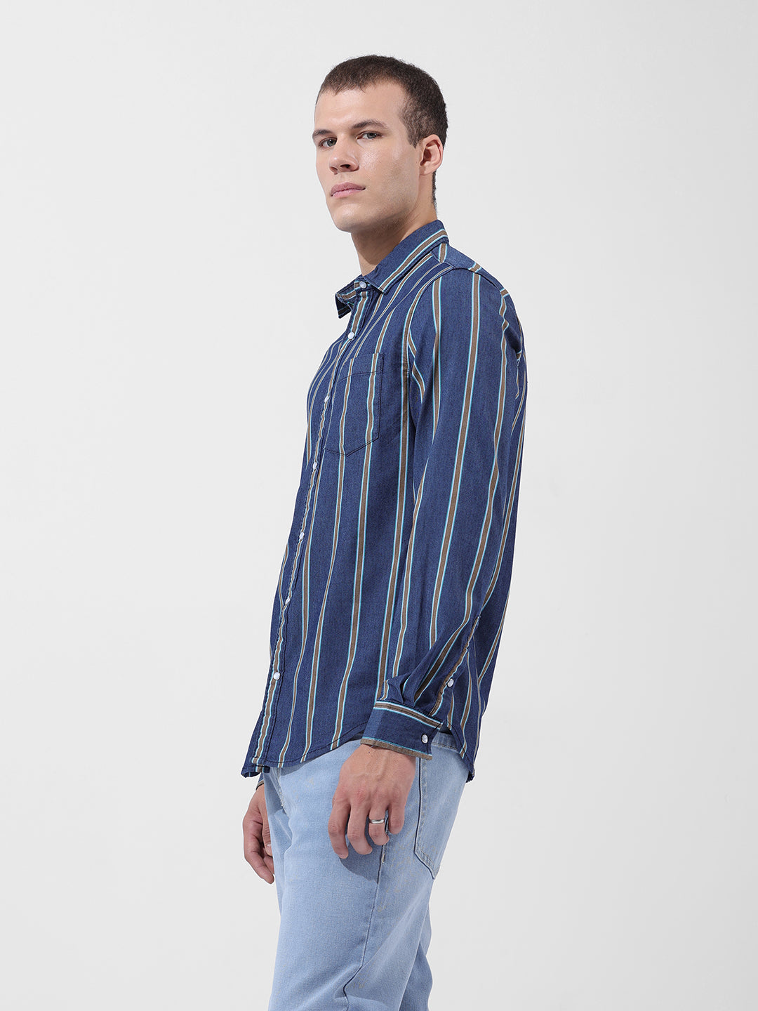 Men's Blue Slim Fit Striped Striped Shirt