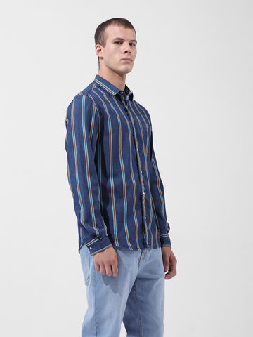 Men's Blue Slim Fit Striped Striped Shirt