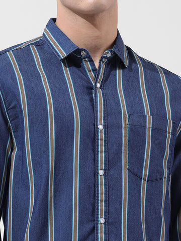 Men's Blue Slim Fit Striped Striped Shirt