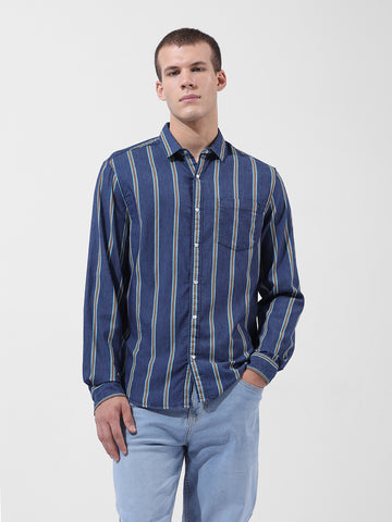 Men's Blue Slim Fit Striped Striped Shirt