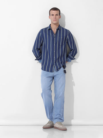 Men's Blue Slim Fit Striped Striped Shirt