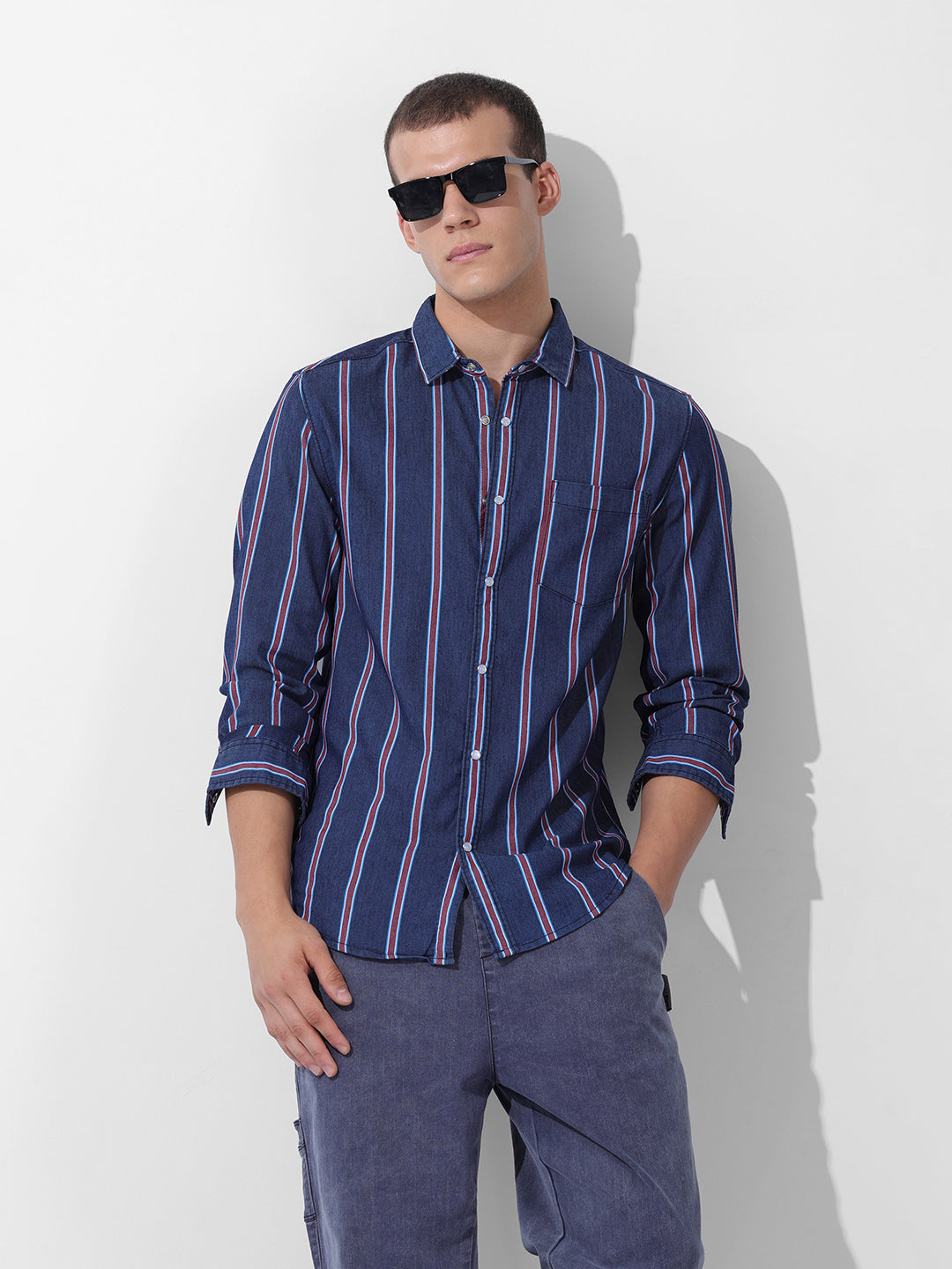Men's Indigo Slim Fit Striped Striped Shirt