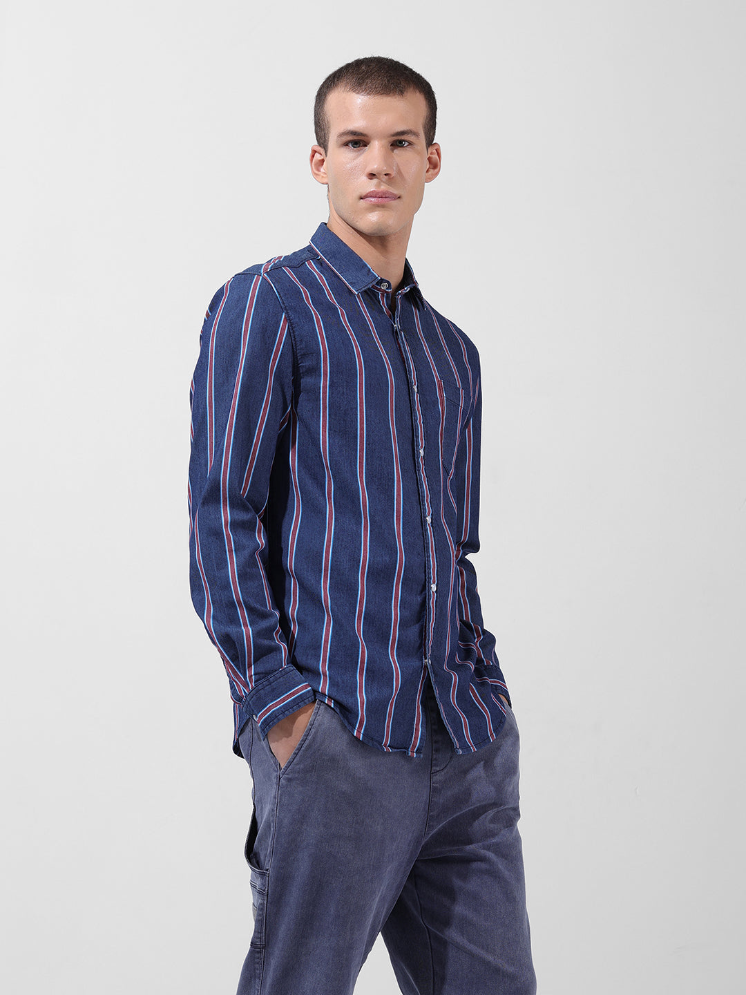 Men's Indigo Slim Fit Striped Striped Shirt
