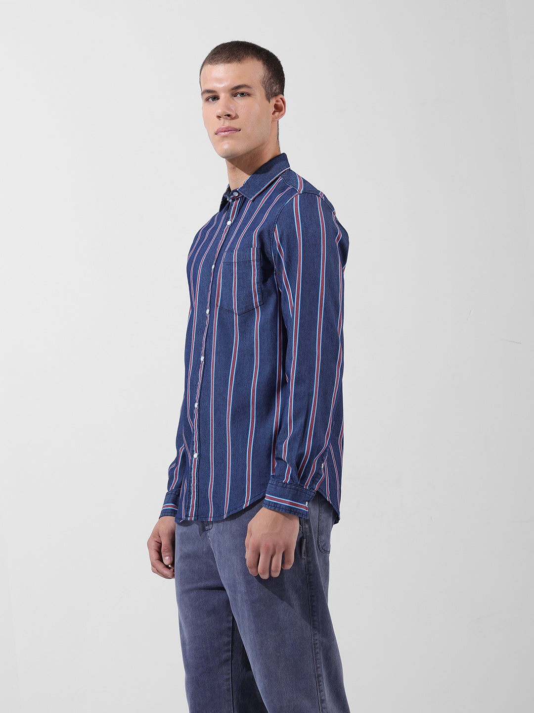 Men's Indigo Slim Fit Striped Striped Shirt