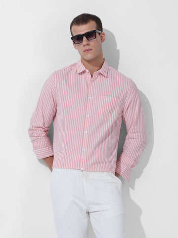 Men's Pink Slim Fit Striped Striped Shirt