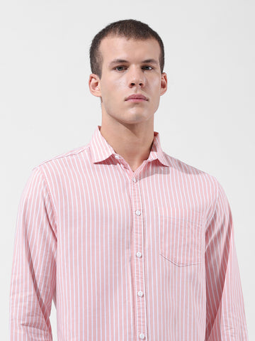 Men's Pink Slim Fit Striped Striped Shirt