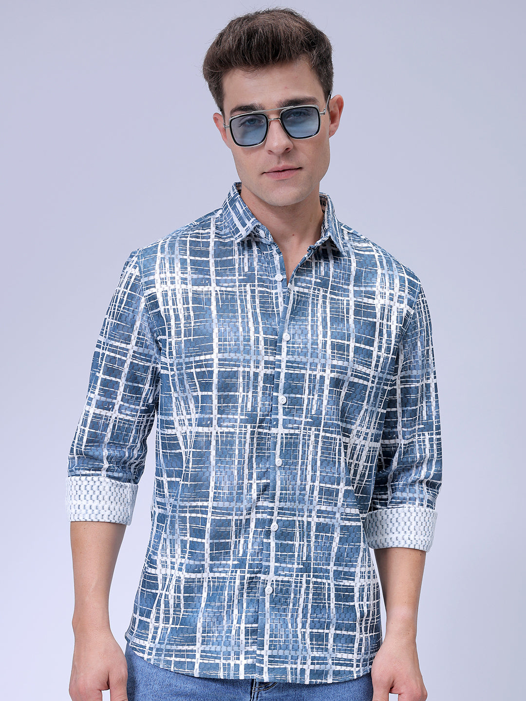 Men's Blue Relaxed Fit Checked Textured Shirt
