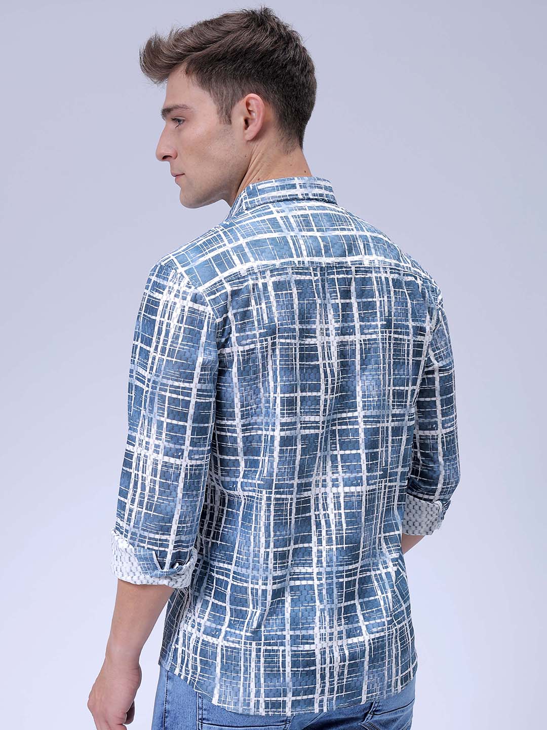 Men's Blue Relaxed Fit Checked Textured Shirt