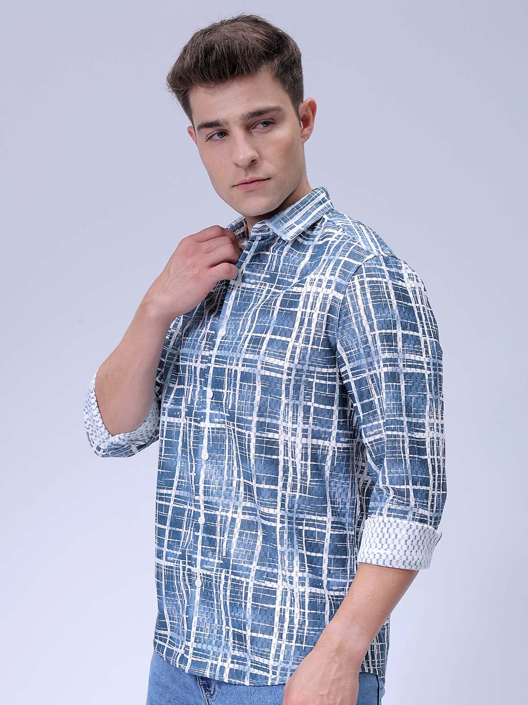 Men's Blue Relaxed Fit Checked Textured Shirt