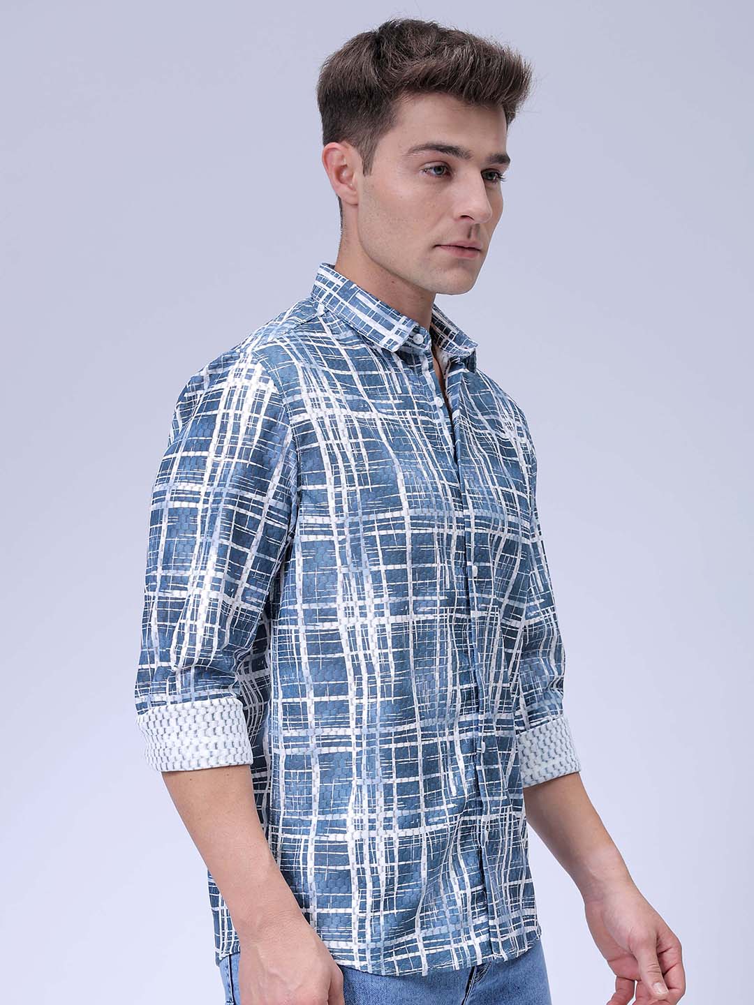 Men's Blue Relaxed Fit Checked Textured Shirt