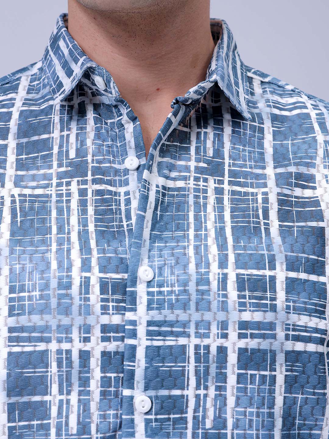 Men's Blue Relaxed Fit Checked Textured Shirt