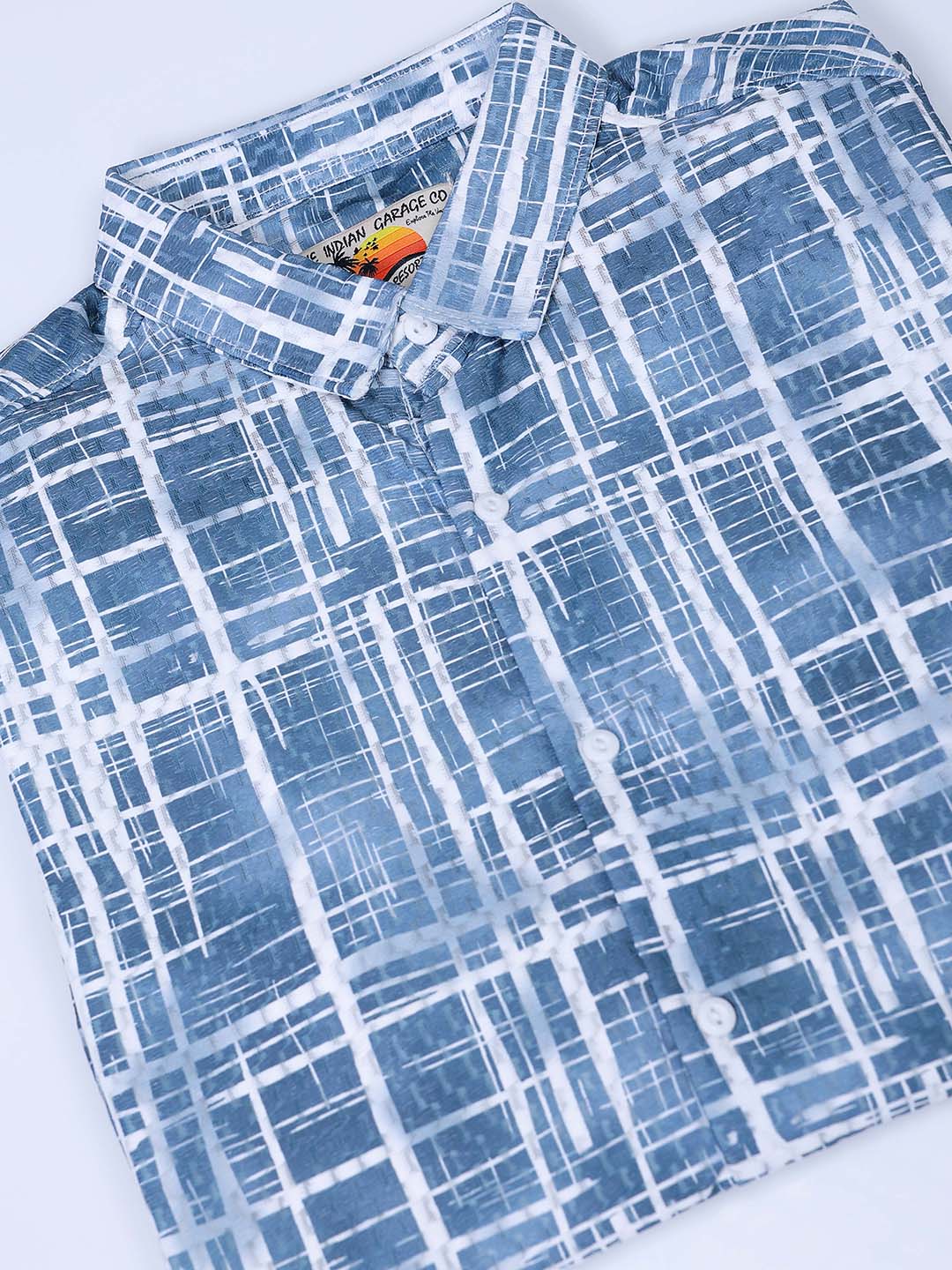 Men's Blue Relaxed Fit Checked Textured Shirt