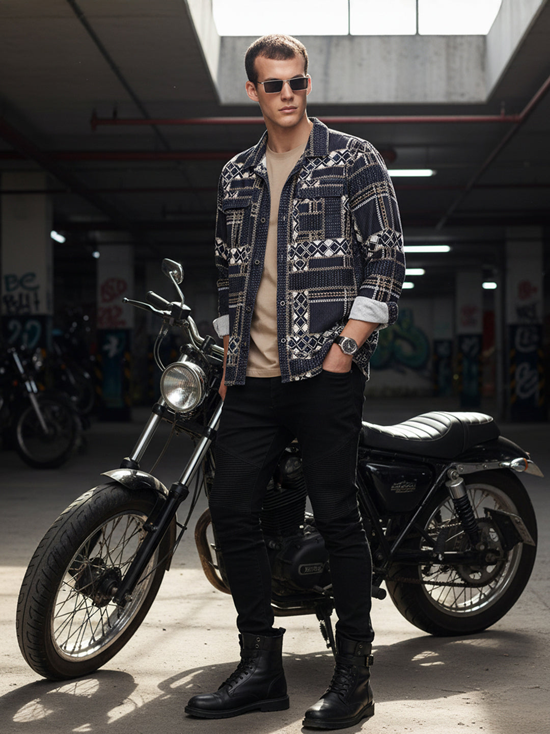 Men's Black Regular Fit Printed Winter Shirt