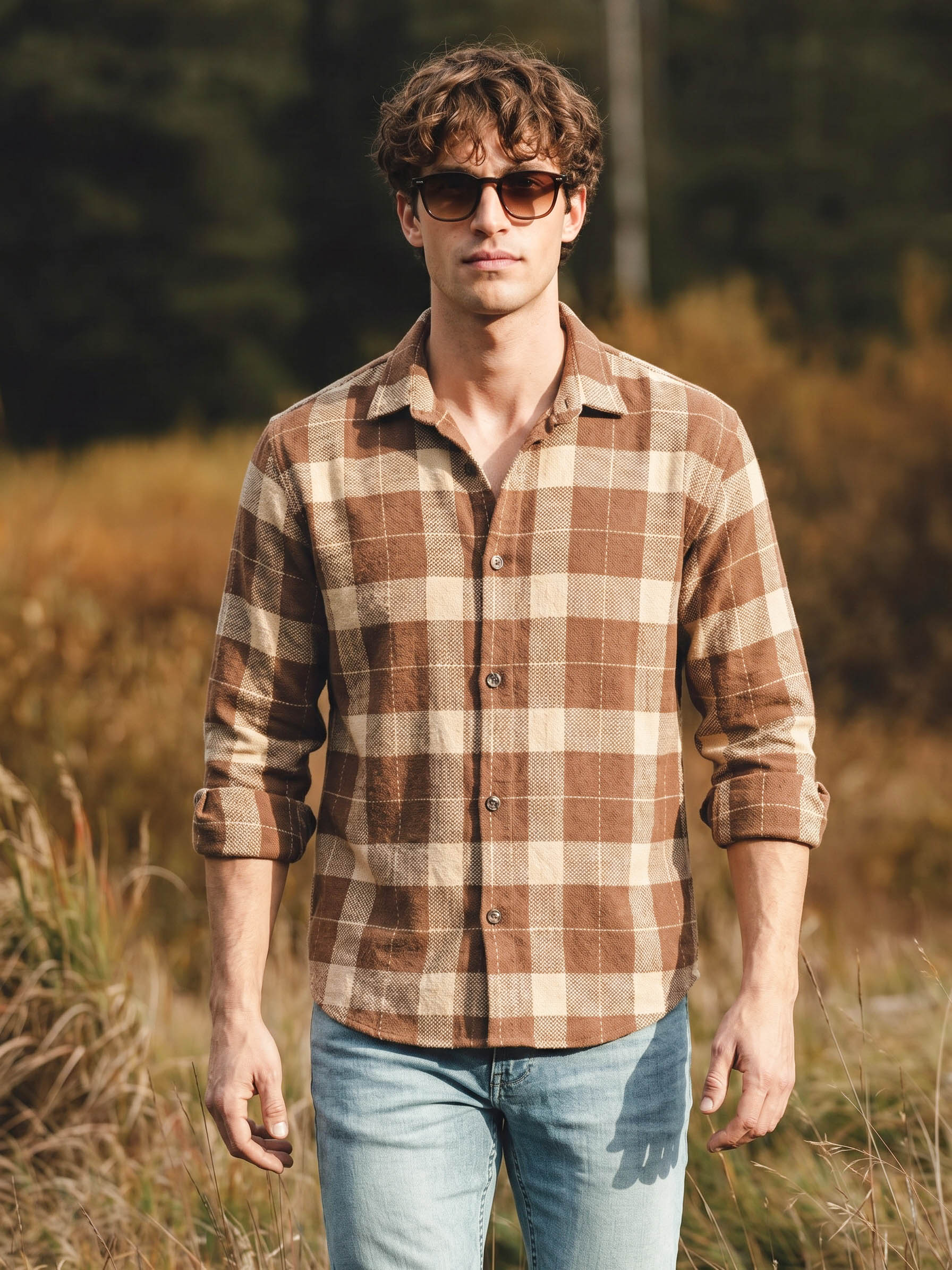 Men's Mocha Bisque Relaxed Fit Checkered Textured Shirt