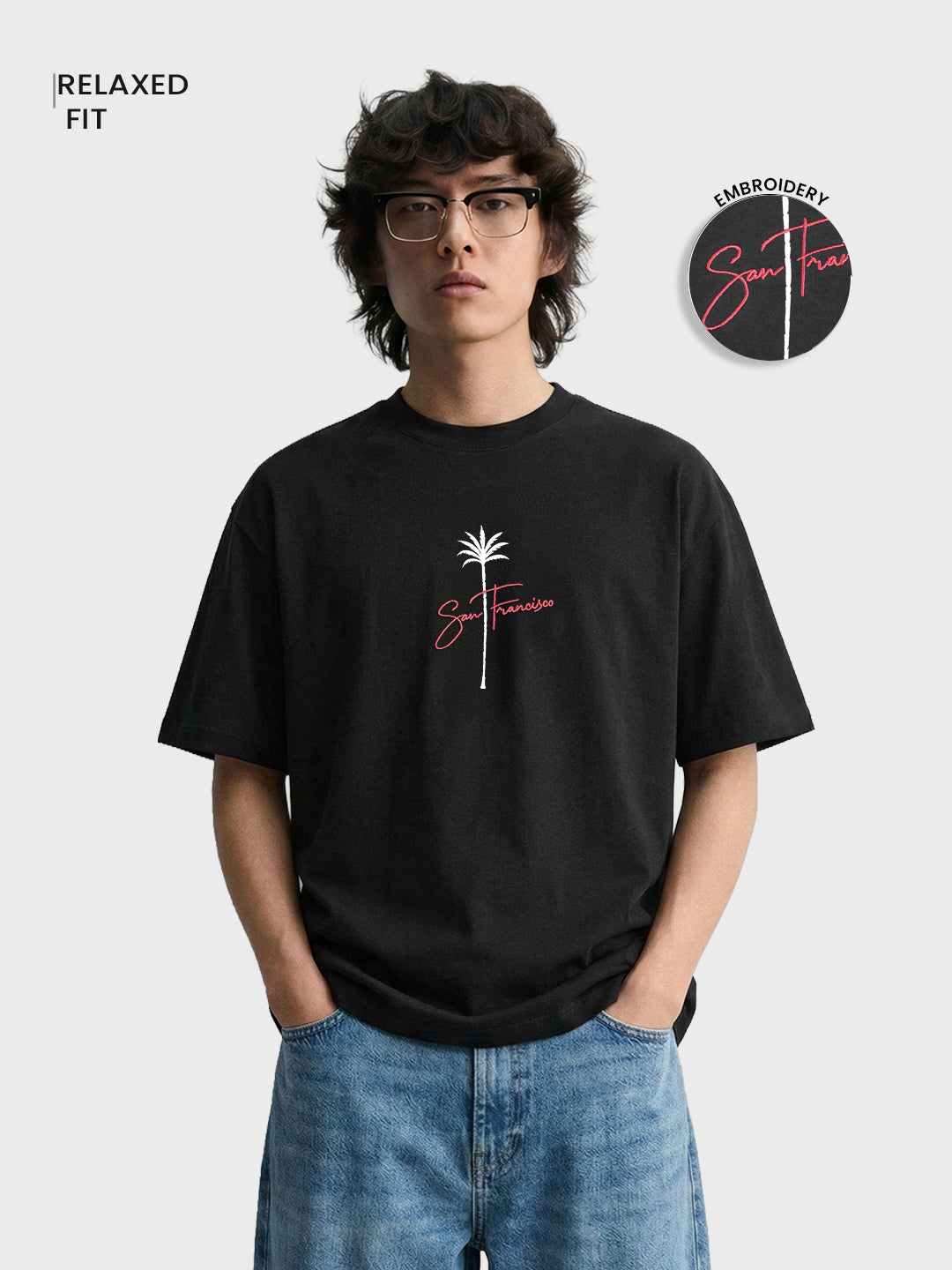Men's Black Relaxed Fit Embroidered Casual T-Shirt