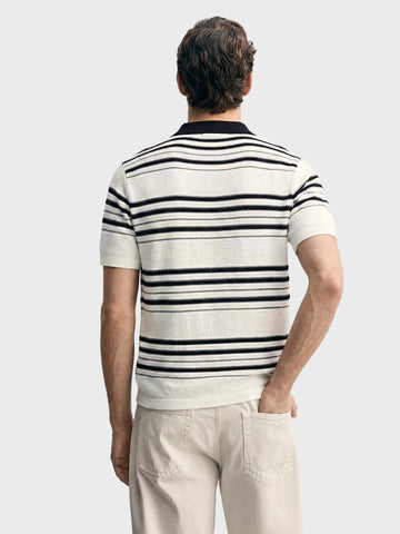 Men's White Slim Fit Striped Flat Knit Johnny Collar Polo T-Shirt