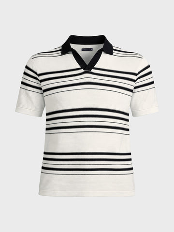 Men's White Slim Fit Striped Flat Knit Johnny Collar Polo T-Shirt