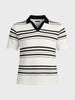 Men's White Slim Fit Striped Flat Knit Johnny Collar Polo T-Shirt