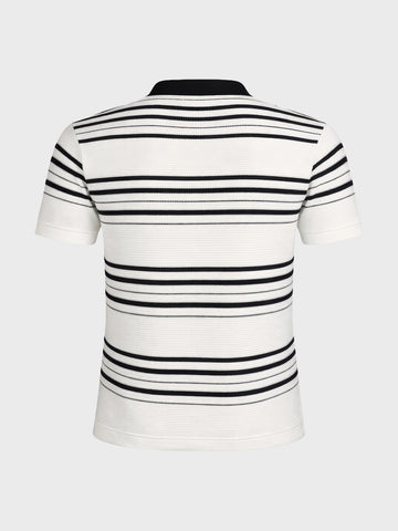 Men's White Slim Fit Striped Flat Knit Johnny Collar Polo T-Shirt