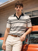 Men's White Slim Fit Striped Flat Knit Johnny Collar Polo T-Shirt