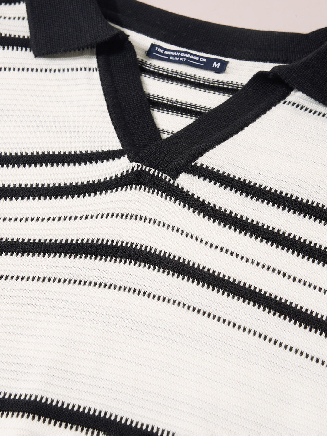 Men's White Slim Fit Striped Flat Knit Johnny Collar T-Shirt