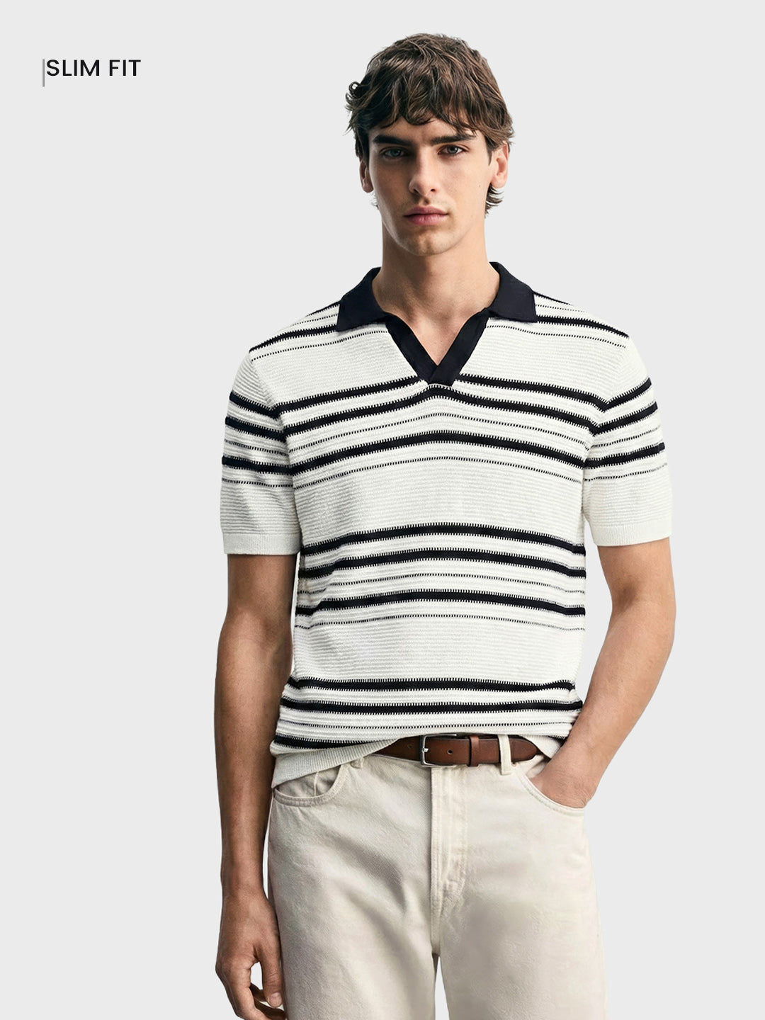 Men's White Slim Fit Striped Flat Knit Johnny Collar T-Shirt