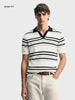 Men's White Slim Fit Striped Flat Knit Johnny Collar Polo T-Shirt