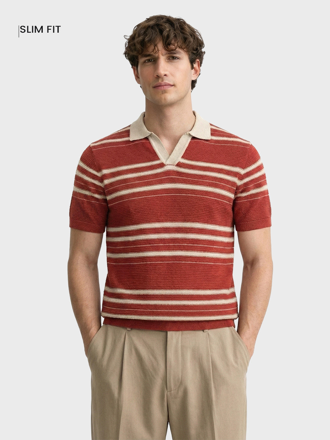 Men's Rust Slim Fit Striped Flat Knit Johnny Collar T-Shirt
