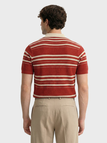 Men's Rust Slim Fit Striped Flat Knit Johnny Collar T-Shirt