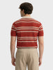 Men's Rust Slim Fit Striped Flat Knit Johnny Collar T-Shirt