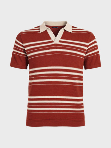 Men's Rust Slim Fit Striped Flat Knit Johnny Collar T-Shirt