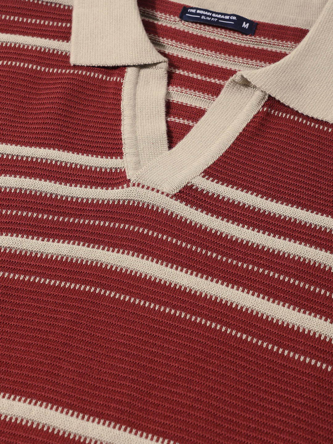 Men's Rust Slim Fit Striped Flat Knit Johnny Collar Polo T-Shirt