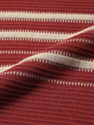 Men's Rust Slim Fit Striped Flat Knit Johnny Collar T-Shirt