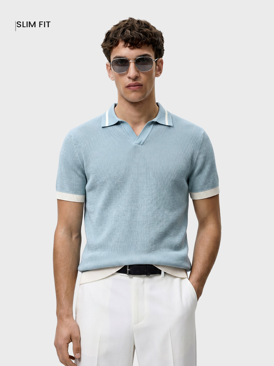 Men's Blue Slim Fit Solid Flat Knit Polo T-Shirt