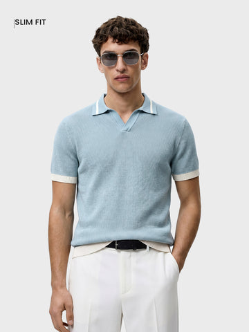 Men's Blue Slim Fit Solid Flat Knit Polo T-Shirt