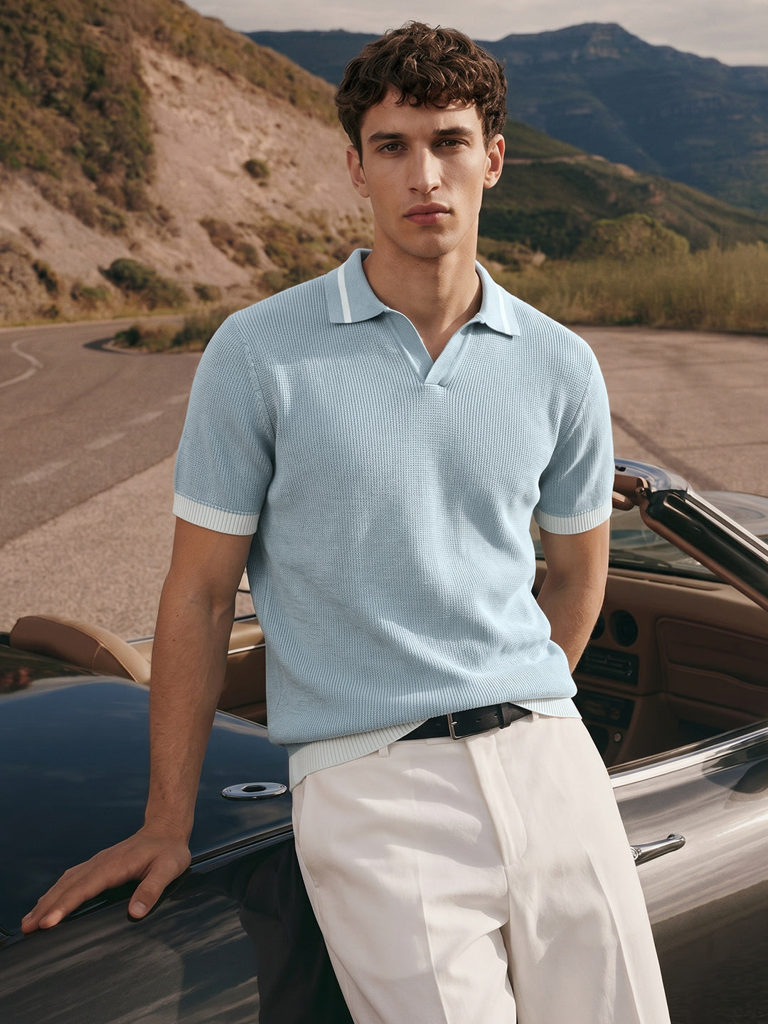 Men's Blue Slim Fit Solid Flat Knit Polo T-Shirt